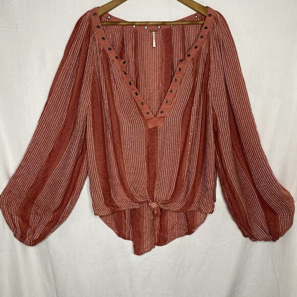 FREE PEOPLE Blouse V-Neck Rivets Tied Front Long Sleeve Boho Chic Womens M Red - Picture 2 of 10